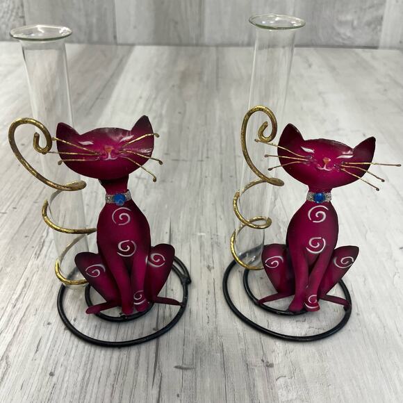 Vintage Metal Glass Whimsical Pink Swirl Cat Test Tube Bud Vase Set - Picture 1 of 8
